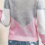 Color Block Knit Sweater with V-Neck and Ribbed Trim