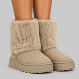 Faux Fur Ankle Boots with Platform Sole and Round Toe