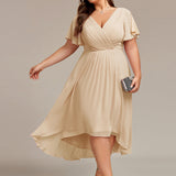 Pleated Wrap Midi Dress with Flutter Sleeves and Asymmetric Hem