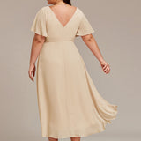 Pleated Wrap Midi Dress with Flutter Sleeves and Asymmetric Hem