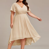 Pleated Wrap Midi Dress with Flutter Sleeves and Asymmetric Hem