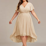 Pleated Wrap Midi Dress with Flutter Sleeves and Asymmetric Hem