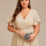 Pleated Wrap Midi Dress with Flutter Sleeves and Asymmetric Hem