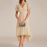 Pleated Wrap Midi Dress with Flutter Sleeves and Asymmetric Hem