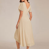 Pleated Wrap Midi Dress with Flutter Sleeves and Asymmetric Hem