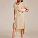 Pleated Wrap Midi Dress with Flutter Sleeves and Asymmetric Hem