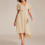 Pleated Wrap Midi Dress with Flutter Sleeves and Asymmetric Hem