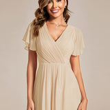 Pleated Wrap Midi Dress with Flutter Sleeves and Asymmetric Hem