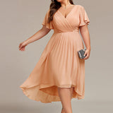 Pleated Wrap Midi Dress with Flutter Sleeves and Asymmetric Hem