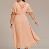 Pleated Wrap Midi Dress with Flutter Sleeves and Asymmetric Hem