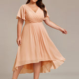 Pleated Wrap Midi Dress with Flutter Sleeves and Asymmetric Hem