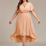Pleated Wrap Midi Dress with Flutter Sleeves and Asymmetric Hem