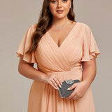 Pleated Wrap Midi Dress with Flutter Sleeves and Asymmetric Hem