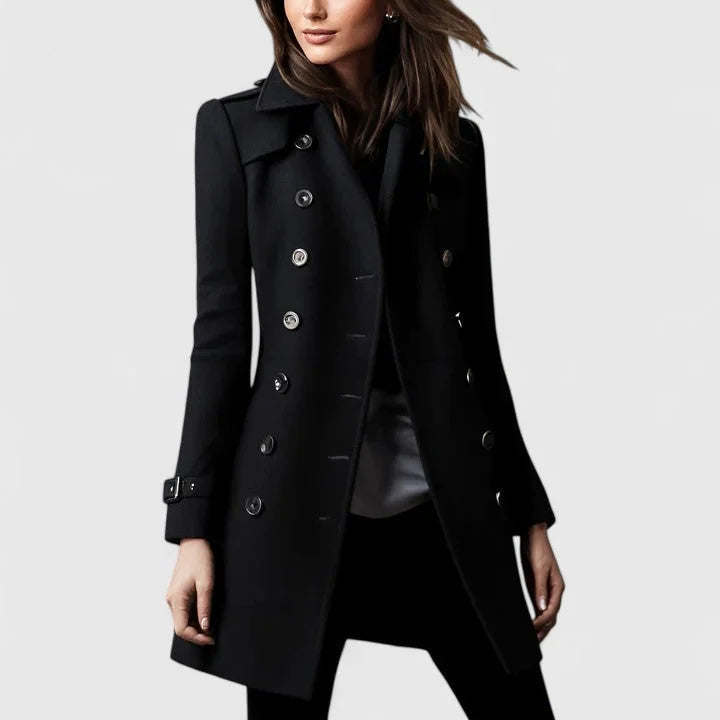 Women's Long Winter Coat with Double Breasted Button Front and Notched Lapel Collar for Office Wear