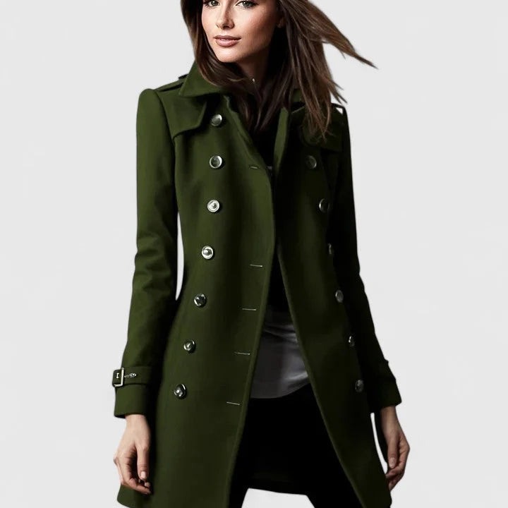 Women's Long Winter Coat with Double Breasted Button Front and Notched Lapel Collar for Office Wear