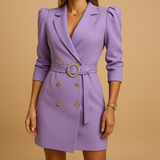 Belted Double-Breasted Blazer Mini Dress with Puff Shoulder