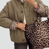 Quilted Jacket with Leopard Print Cuffs and Button Front