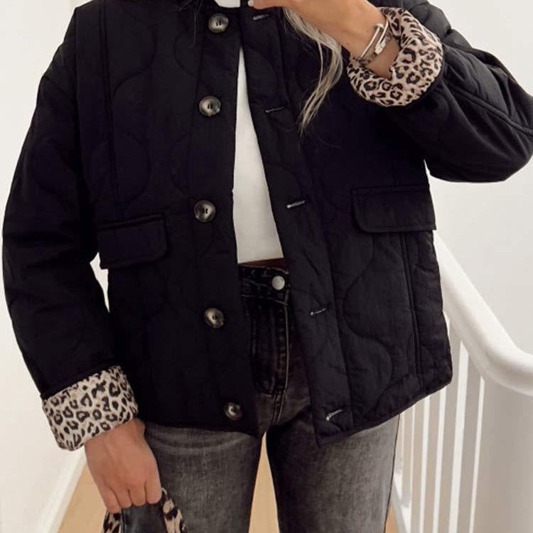 Quilted Jacket with Leopard Print Cuffs and Button Front