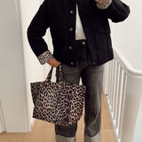 Quilted Jacket with Leopard Print Cuffs and Button Front