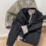 Quilted Jacket with Leopard Print Cuffs and Button Front