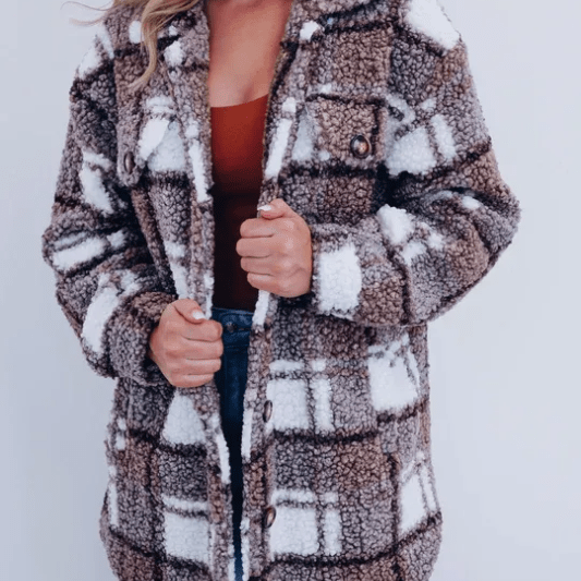 Plaid Sherpa Shirt Jacket with Button Front and Flap Pockets