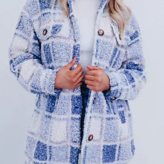 Plaid Sherpa Shirt Jacket with Button Front and Flap Pockets