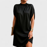 Pleated Mock Neck Mini Dress with Batwing Sleeves