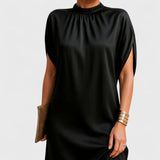 Pleated Mock Neck Mini Dress with Batwing Sleeves