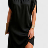 Pleated Mock Neck Mini Dress with Batwing Sleeves