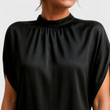 Pleated Mock Neck Mini Dress with Batwing Sleeves