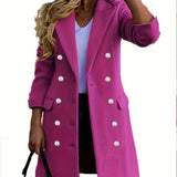 Tailored Double Breasted Long Blazer with Lapel Collar and Flap Pockets