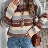 Striped Knit Sweater with Round Neck and Ribbed Cuff