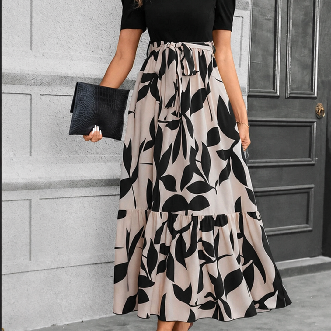 Floral Print A-Line Maxi Dress with Tie Waist and Puff Sleeves