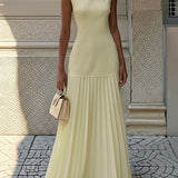 Sleeveless Pleated Maxi Dress with Boat Neck