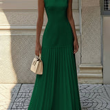 Sleeveless Pleated Maxi Dress with Boat Neck