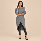 Women's Long Sweater Midi Dress with Asymmetric Overlap Front and Three Quarter Sleeves