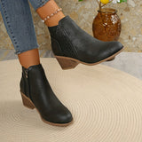 Laser Cut Ankle Boots with Side Zipper and Block Heel