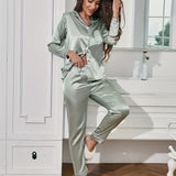 Satin Pajama Set with Button-Up Shirt and Long Pants