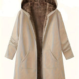Faux Fur Lined Hooded Jacket with Zip Front and Patch Pockets