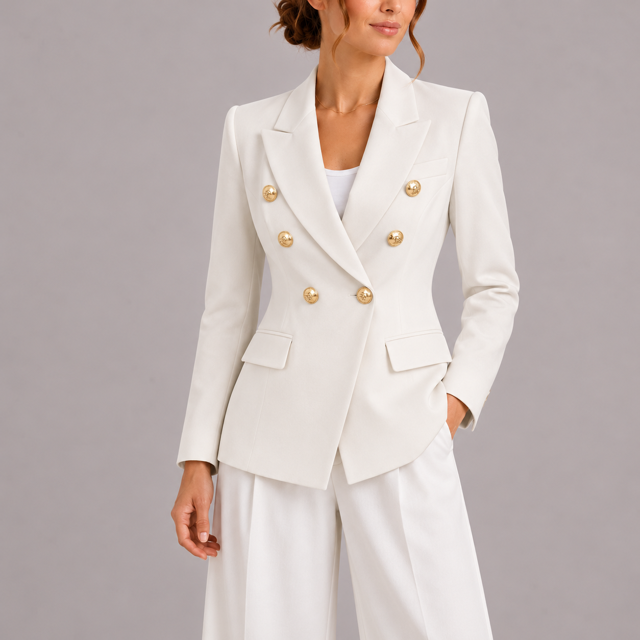 Double Breasted Blazer with Peak Lapel and Flap Pockets