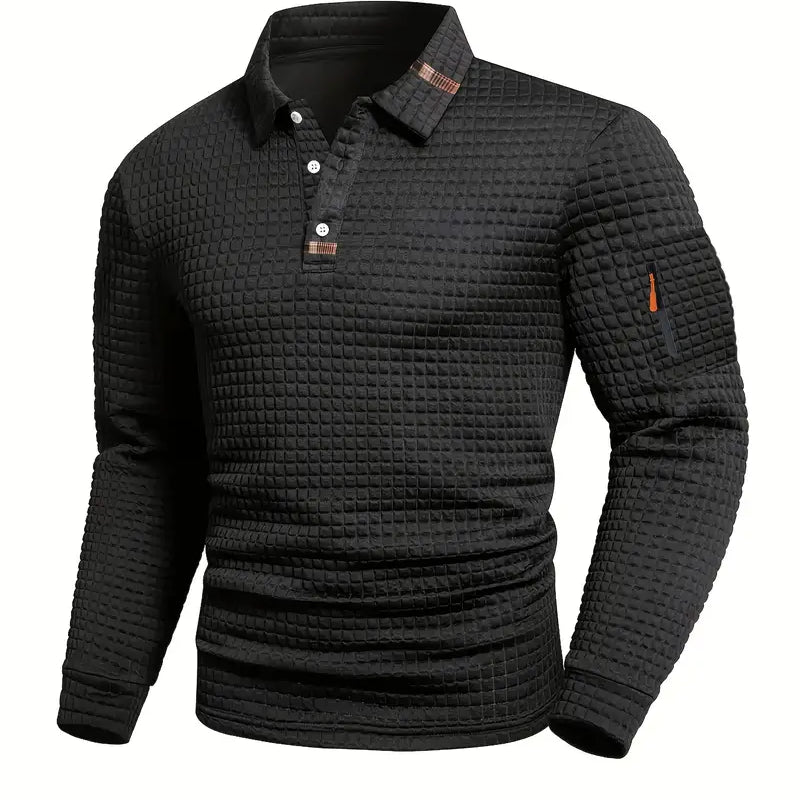 Textured Polo Sweater with Half Button and Zip Pocket