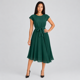 Pleated A-Line Midi Dress with Tie Waist and Cap Sleeves
