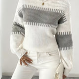 Two Tone Ribbed Knit Sweater with Balloon Sleeves and Ribbed Cuff