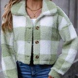 Cropped Plaid Fleece Jacket with Button Front