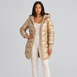 Women's Long Puffer Jacket with Hood and Quilted Design for Winter Wear