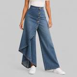 Wrap Wide-Leg Denim Pants with High Waist and Button Front