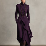 Draped Asymmetric Wrap Maxi Dress with High Neck