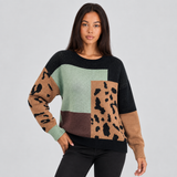 Color block Leopard Print Knit Sweater with Crew Neck