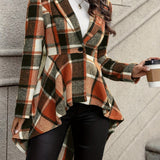 Plaid Blazer with High Low Hem and Single Button Closure