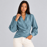 Women's Wrap Front Blouse – V-Neck Long Sleeve Top with Draped Waist for Office Wear